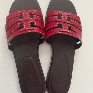 Tory Burch Red Leather Logo Ines cage slide Sandal Flat Shoes size 7.5 new